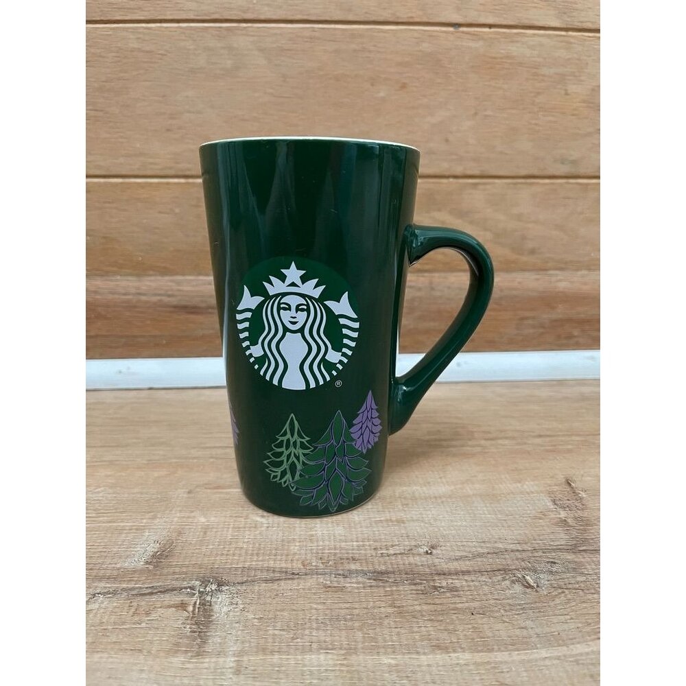 NWOT Starbucks 16oz Green Ceramic Mug With Purple Trees